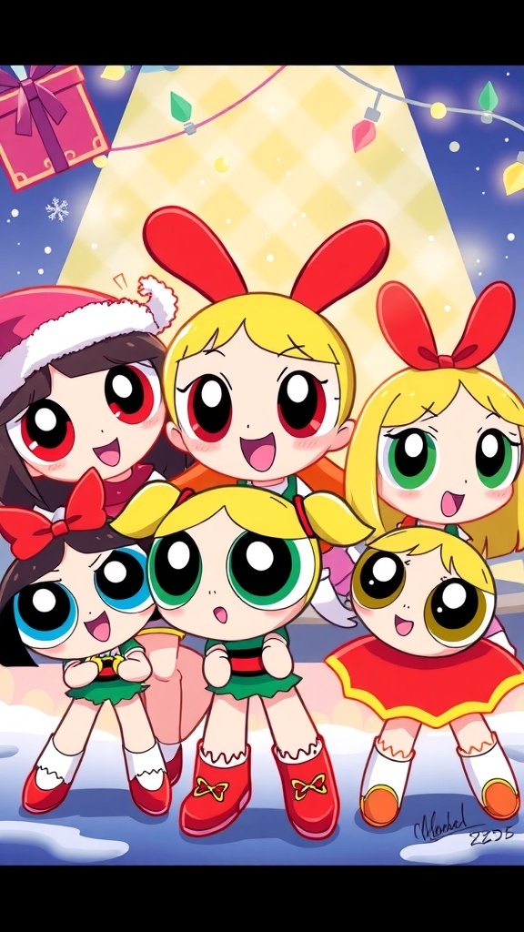 Powerpuff Girls Christmas Profile Picture Ideas Powerpuff Girls in Christmas outfits with holiday decorations.